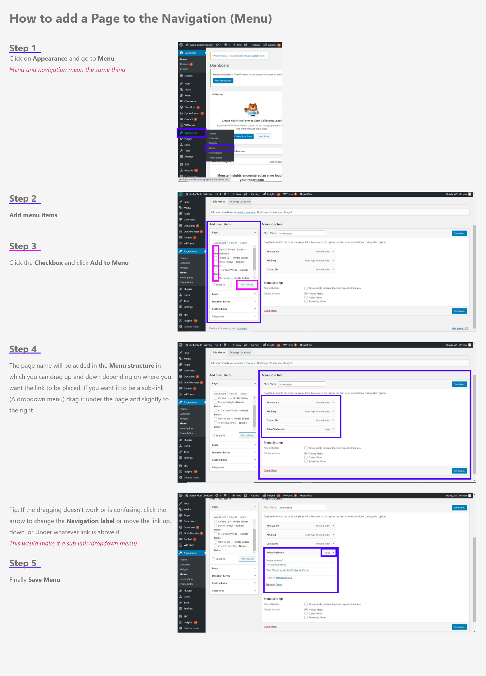 Image of an instructional guide of how to add a page to the navigation on Wordpress